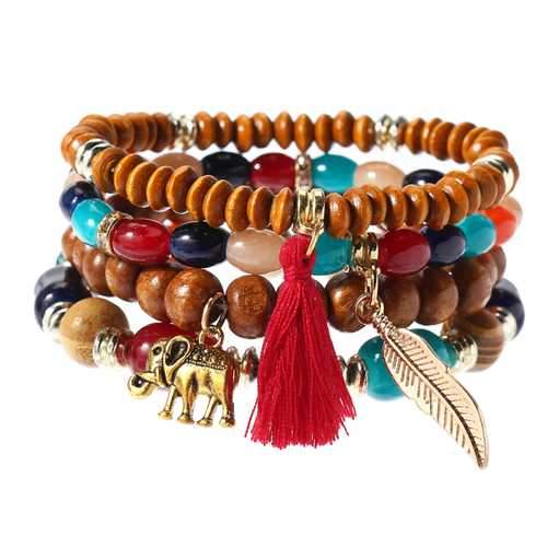 Retro Leaf Elephant Elastic Multilayer Bead Bracelet